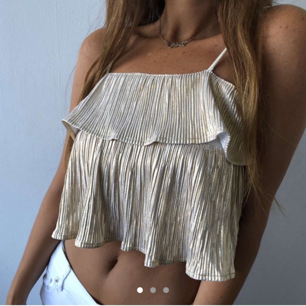 Redone Vintage Metallic Gold Ruffle Flow Tank